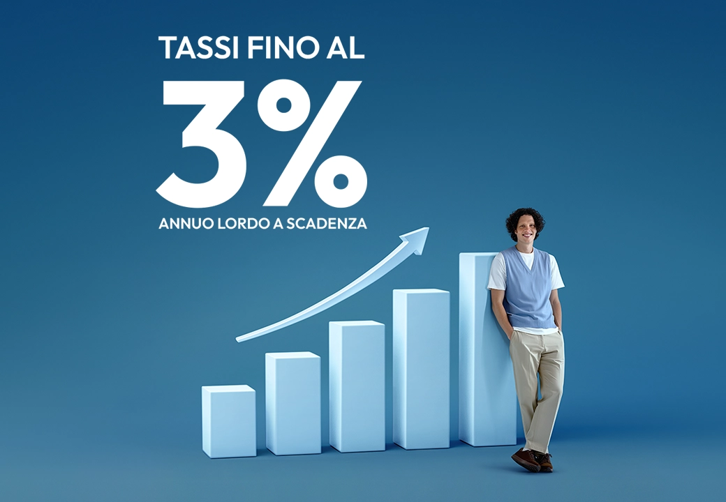 ragazzo con gilet appoggiato a grafico gigante