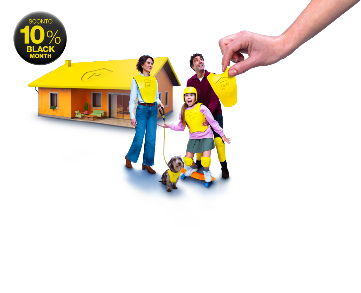 una famiglia protetta da uno scudo con casa sullo sfondo