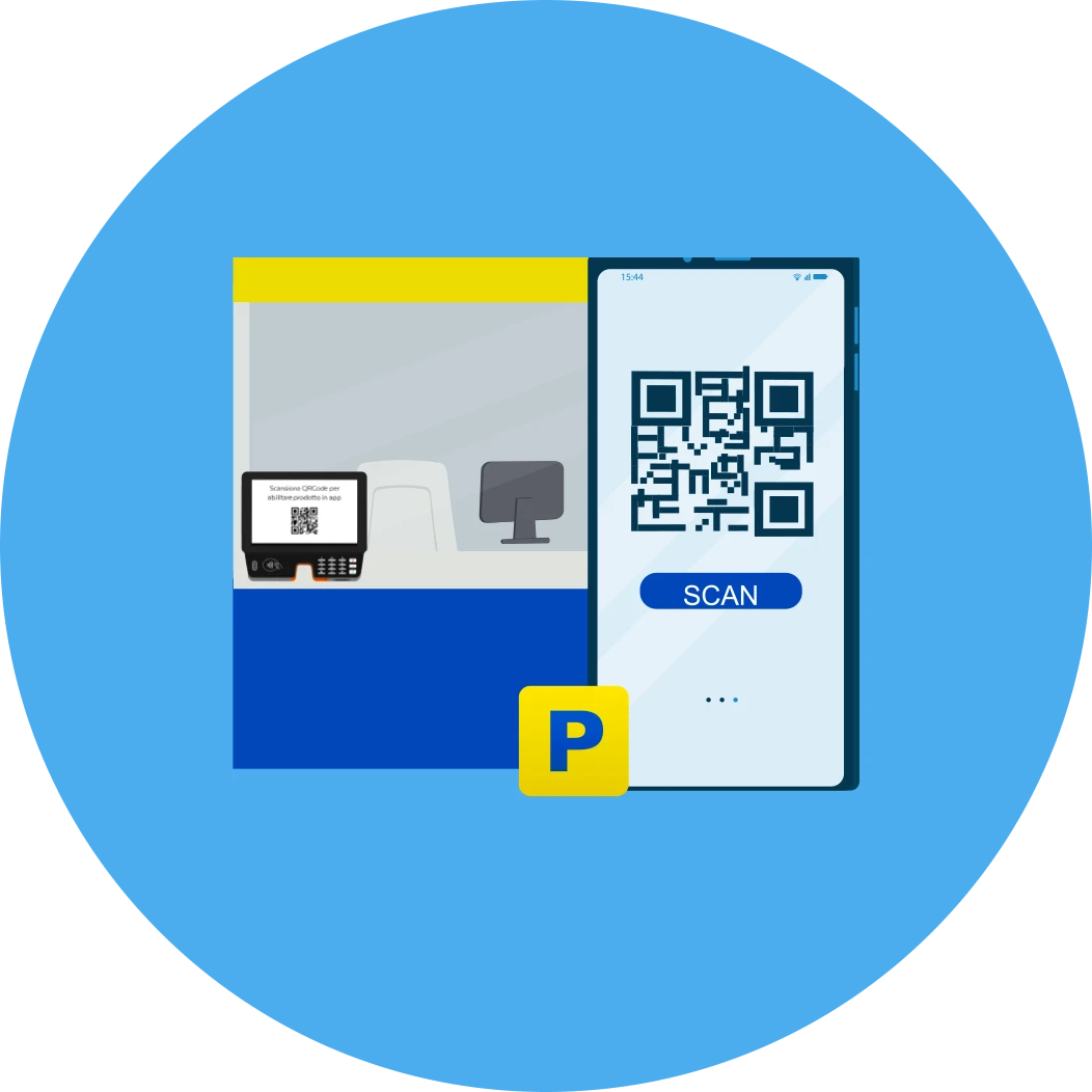 Cellulare e sportello dell'Ufficio Postale su sfondo blu