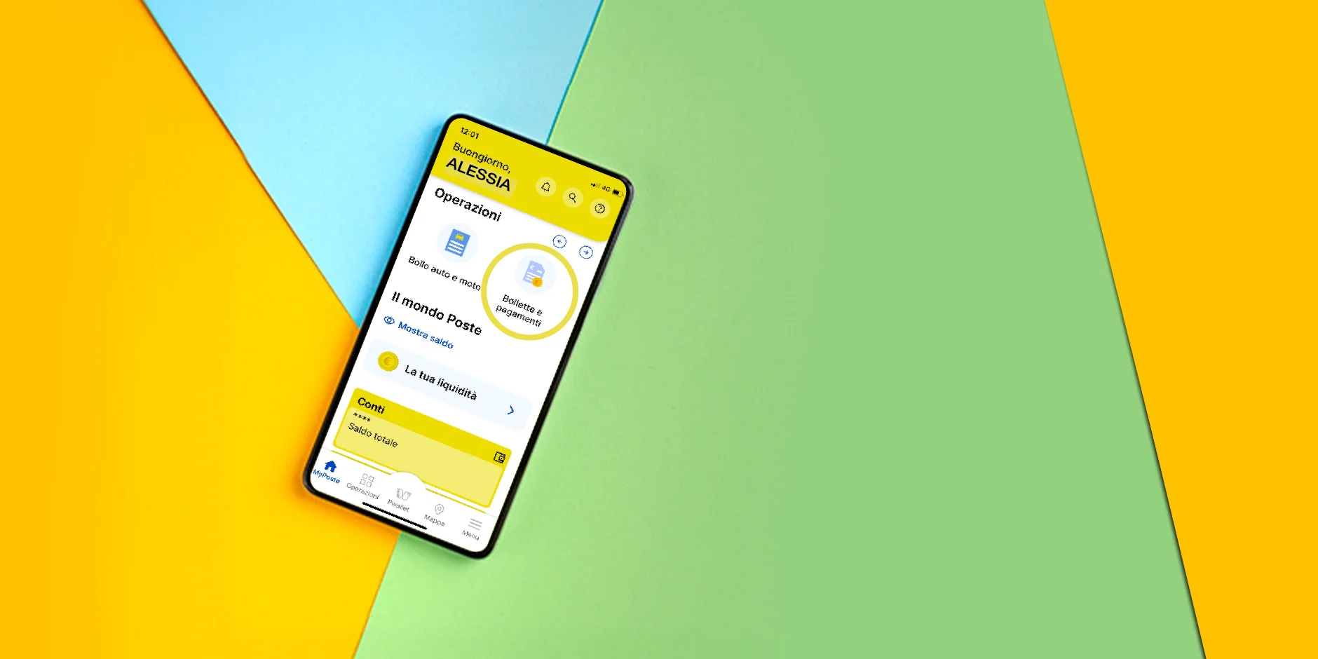 mockup telefono con schermata App Poste Italiane