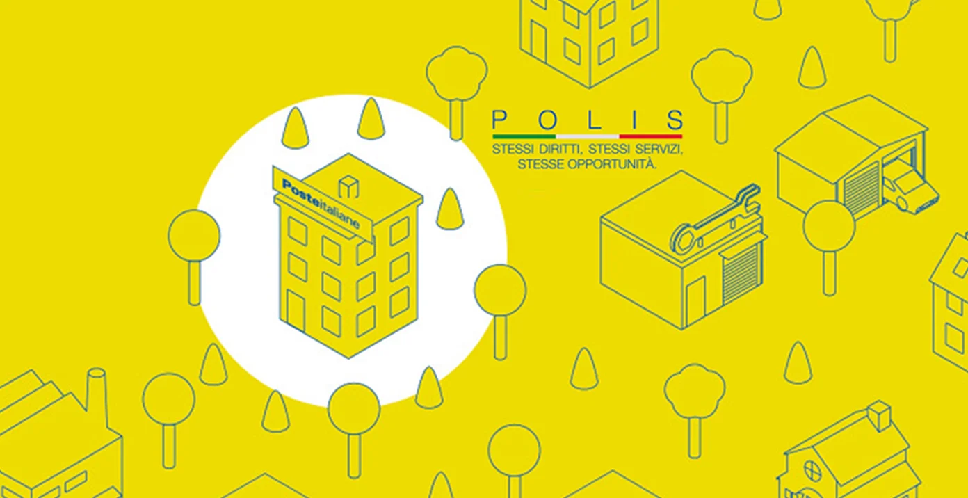 Immagine stilizzata Ufficio Postale in una città su fondo giallo