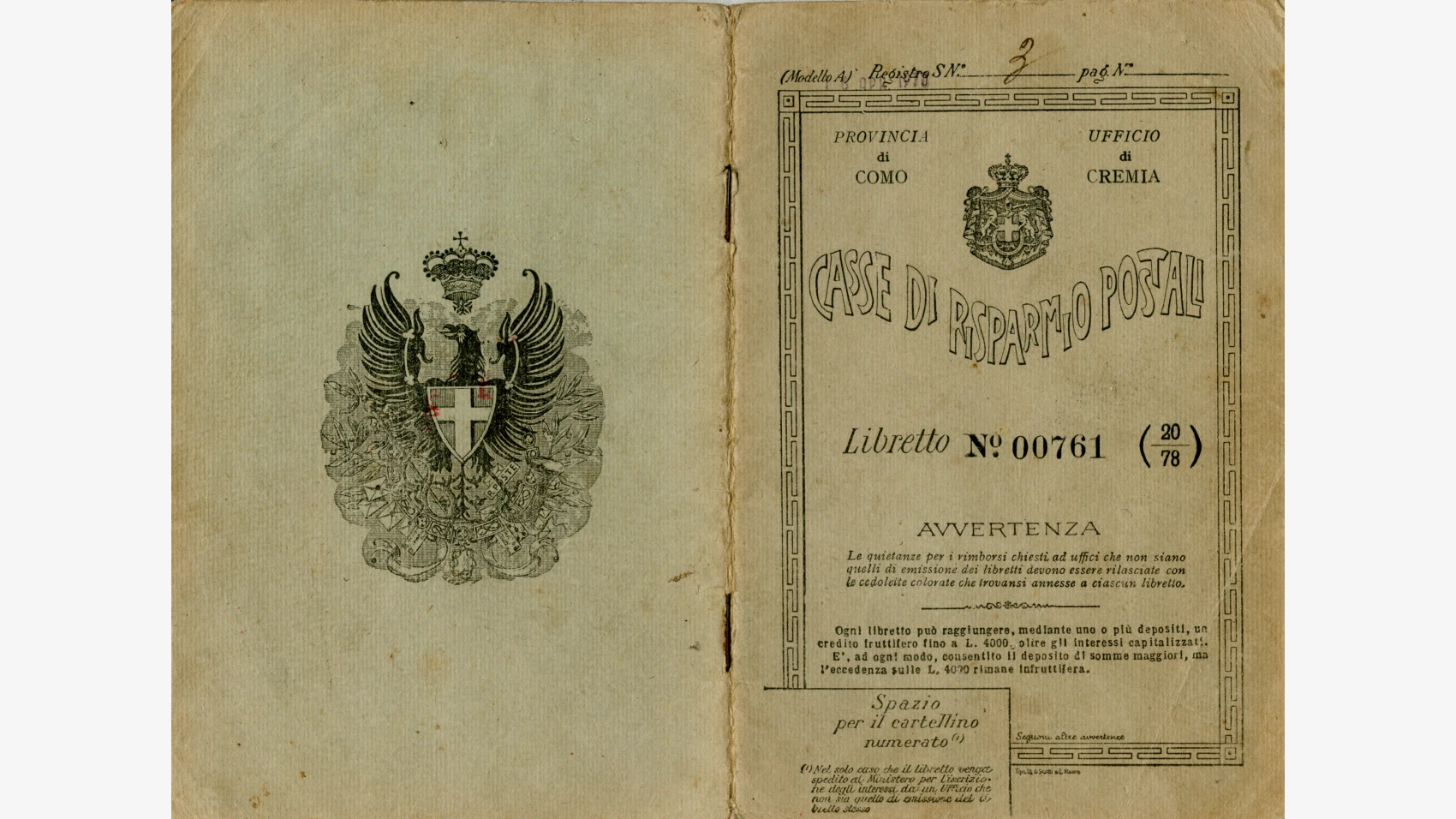 Libretto postale emesso a Cremia