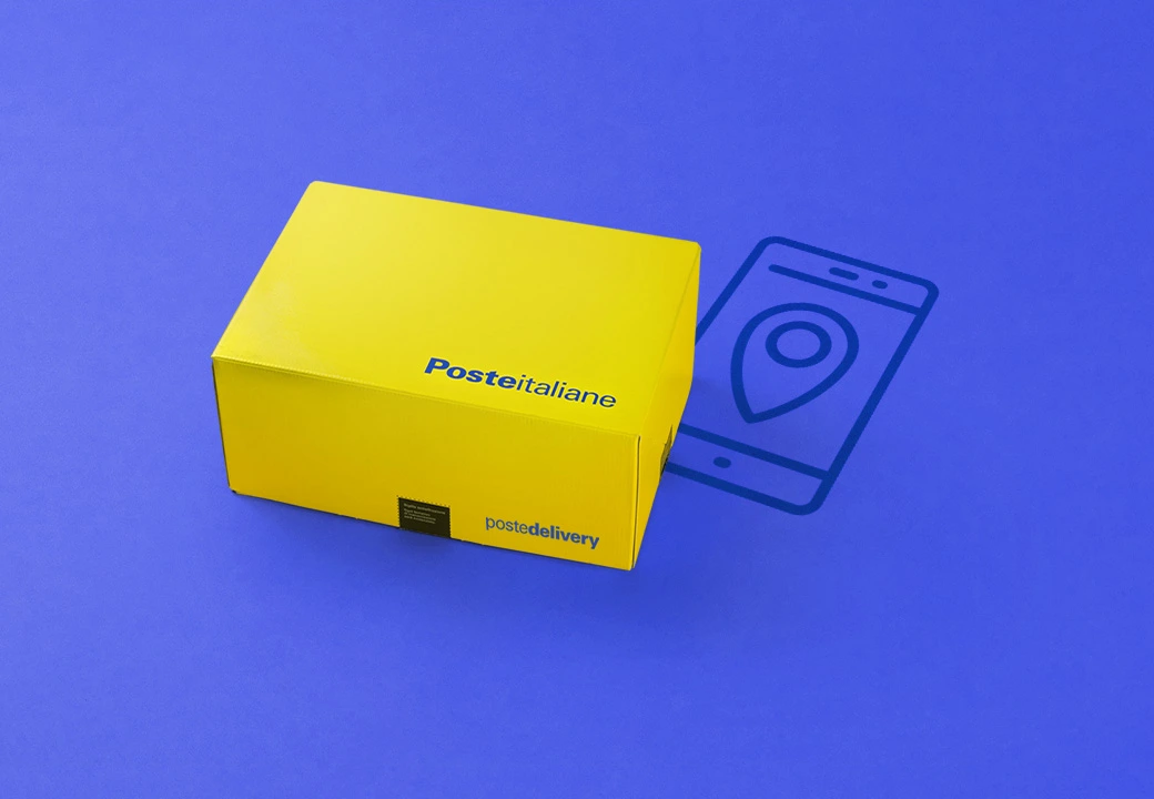 Pacco giallo su sfondo blu con icona puntatore in uno smartphone