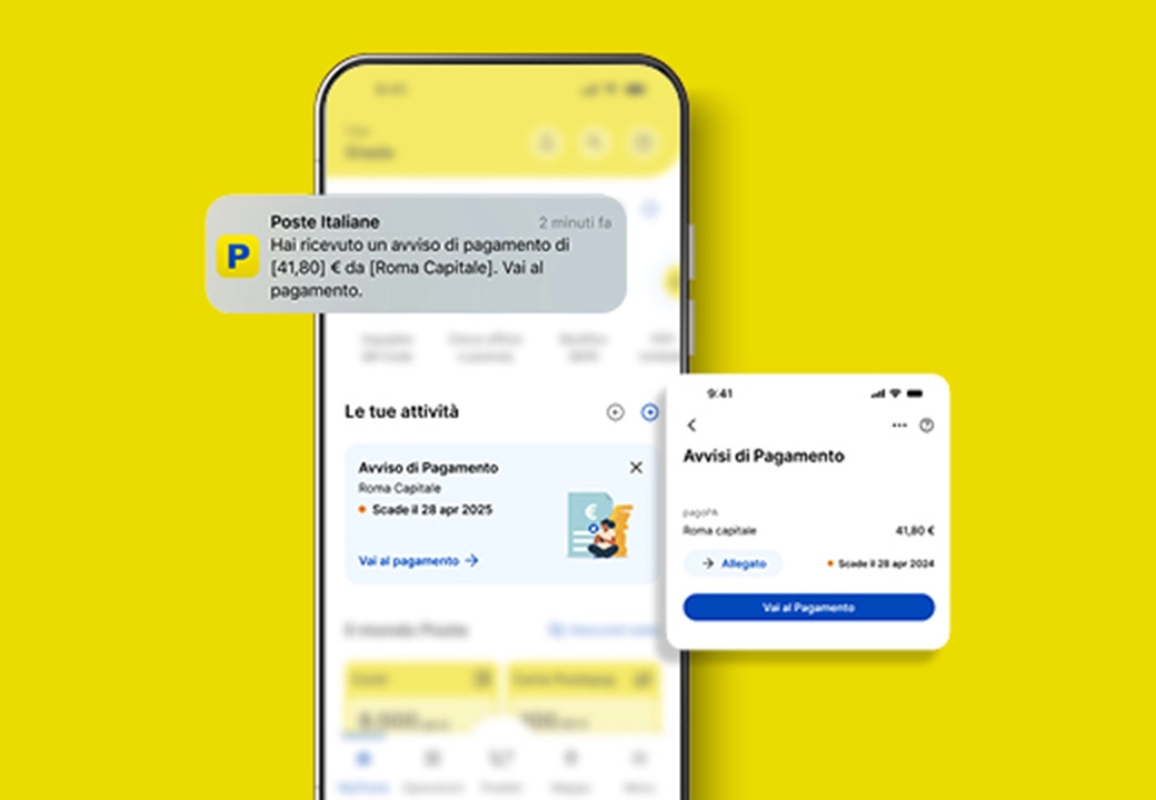 Immagine smartphone aperto in App Poste Italiane sulla notifica di un nuovo Avviso di Pagamento