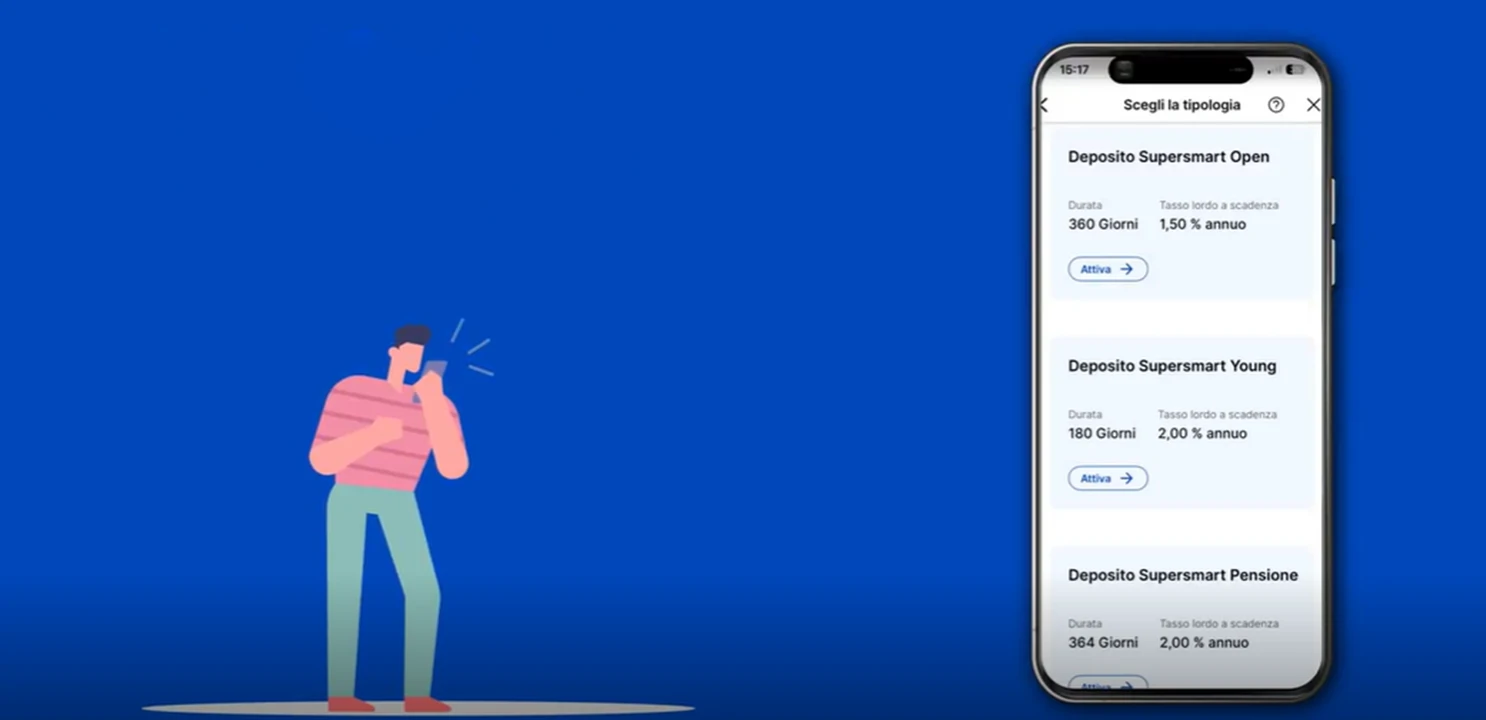 Ragazzo con un cellulare su sfondo blu