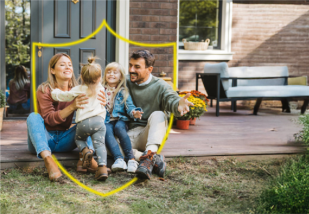 famiglia dentro uno scudo sfondo giardino