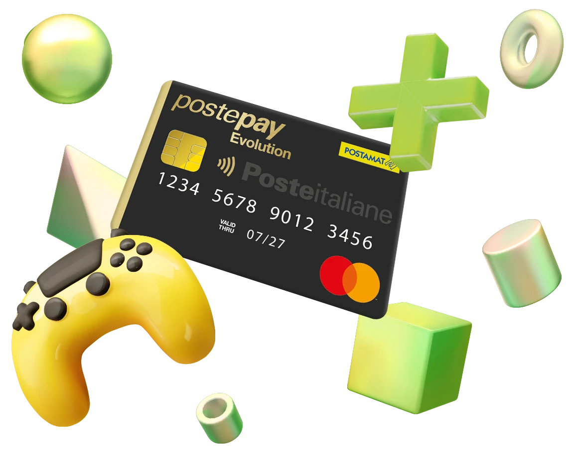 Immagine stilizzata Carta Postepay Evolution e console di gioco