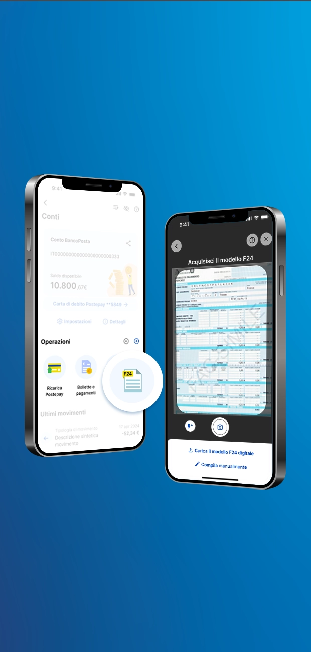 Schermata cellulare con focus modulo F24 su sfondo blu