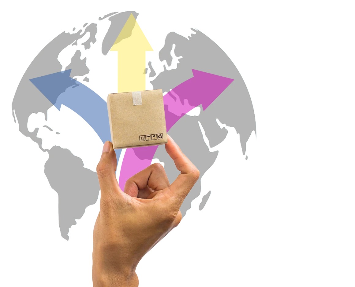 Mano che regge un piccolo pacco e un mappamondo sullo sfondo