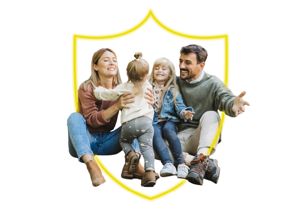 famiglia in uno scudo sfondo giardino