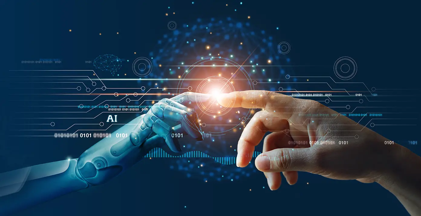 Mano umana e mano robotica che si toccano