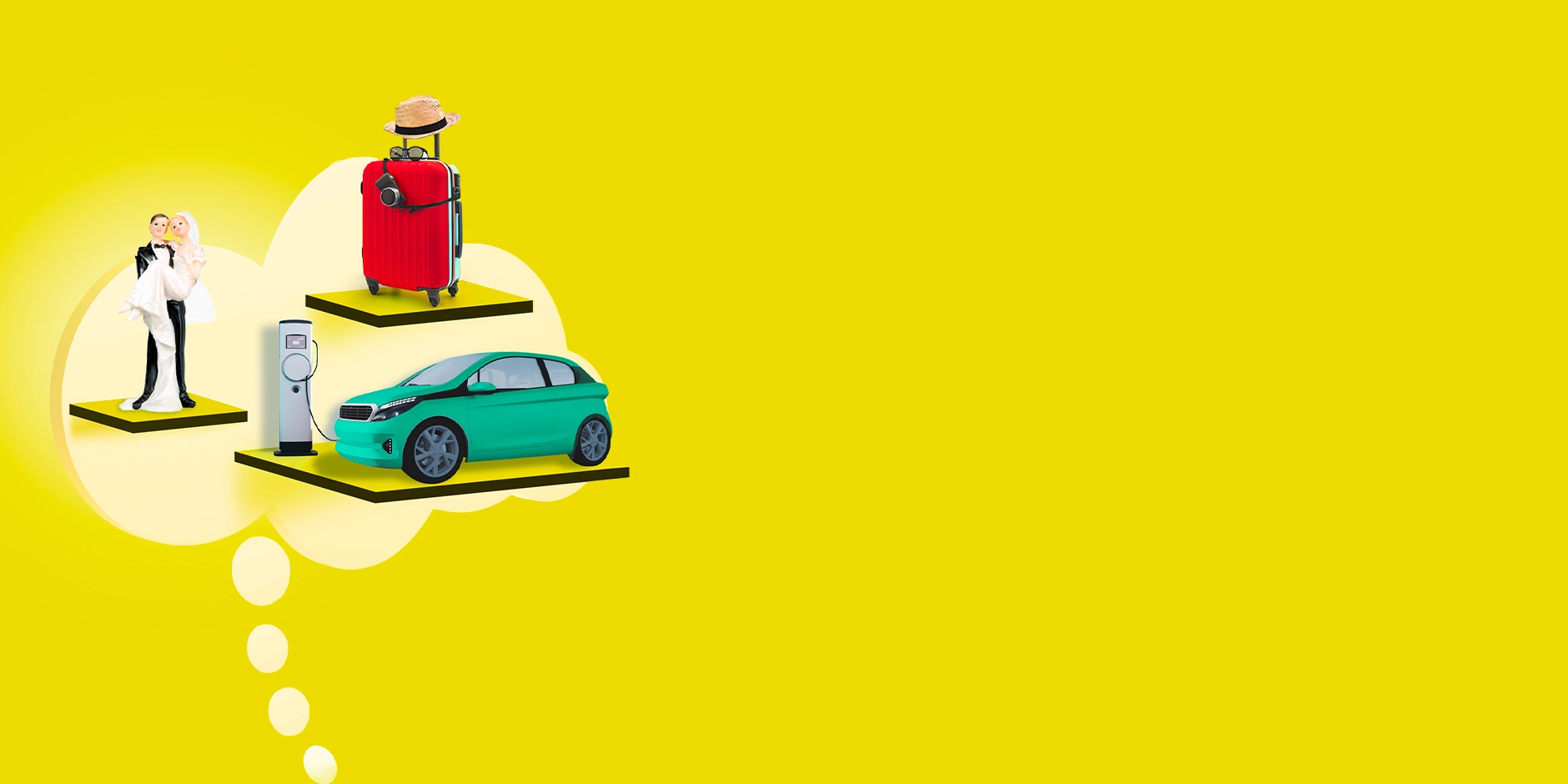 Immagine su fondo giallo con raffigurazione di due sposi, una valigia e una macchina 